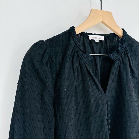 Heartloom Petra Puff Sleeve Swiss Dot Top Smocked Ruffle V-Neck Black Women's XS - Picture 3 of 7